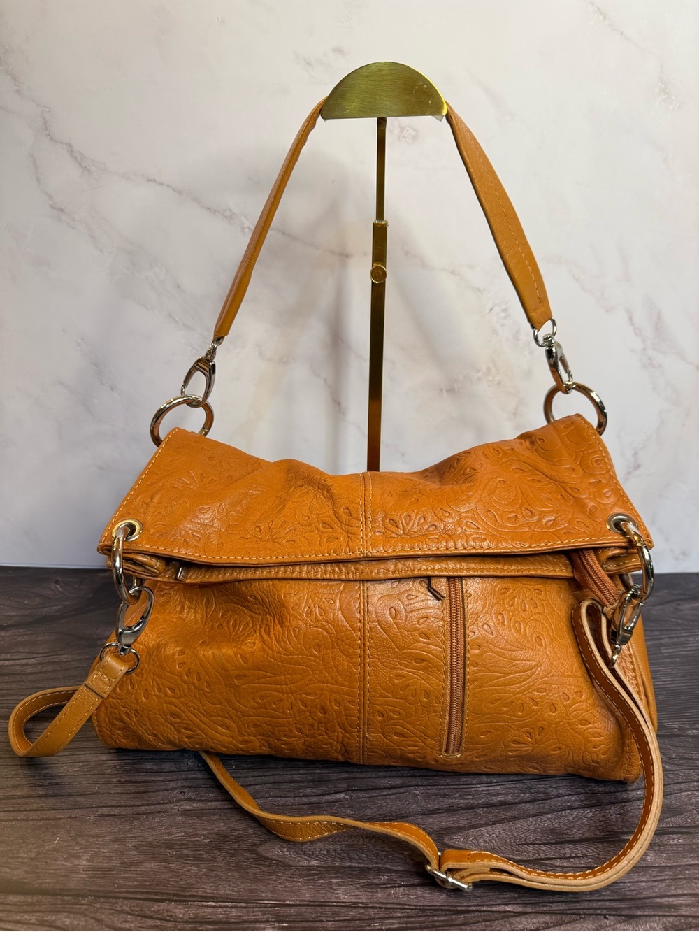 Made in Italy Cognac Embossed
Leather Convertible Shoulder
Crossbody Bag